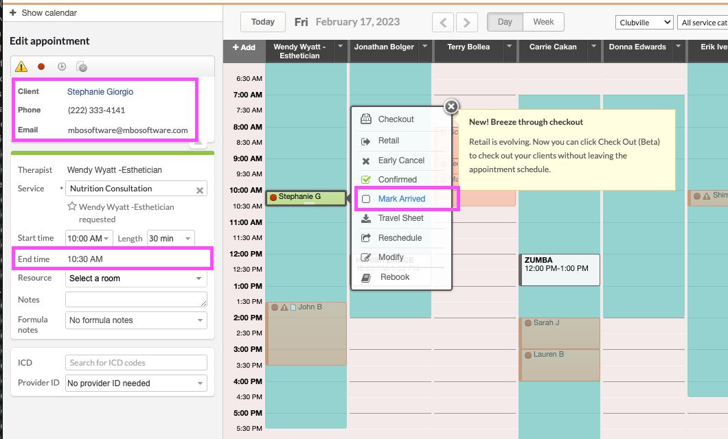 Mindbody appointment example